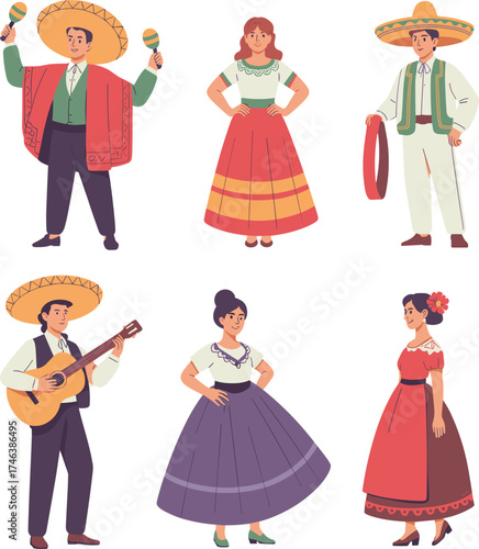 Traditional Mexican dancers and musicians in colorful folk costumes, performing cultural dance and music, vibrant festival celebration illustration design