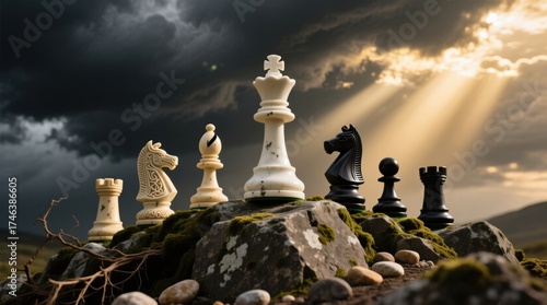 Fototapeta Naklejka Na Ścianę i Meble -  Chess pieces stand poised on a rocky landscape, symbolizing strategic thinking and competition