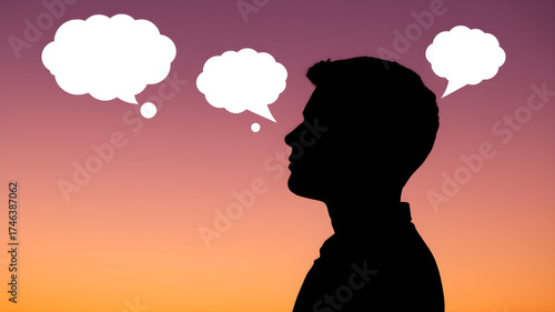Thinking man silhouette with speech bubble concept, symbolizing dialogue, reflection, creative ideas, learning, and communication.