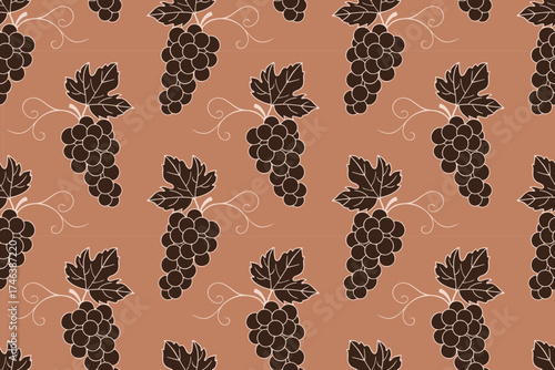Pattern with grape bunch clusters, dark brown silhouette of vine branches with berries on chocolate brown background. Vector illustration