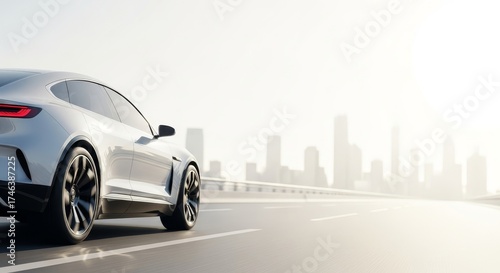 Sleek white modern car speeding on an urban highway with a blurred city skyline.