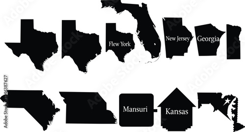 U.S. state silhouette vector collection, humorous map parody, black shape icons, creative geography design, funny state names, American region illustration, stock content