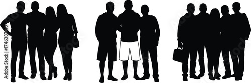Silhouetted people group vector, casual and formal posture mix, diverse social interaction, black human figures, white background, stock illustration, lifestyle concept