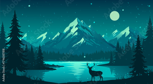 A serene digital art landscape portraying majestic snow-capped mountains, a tranquil lake, towering pine trees, and a graceful deer under a starry night sky