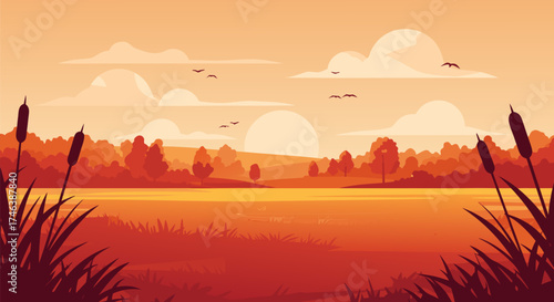Serene sunset lake landscape illustration with warm orange sky, silhouetted reeds, and distant forest, evoking tranquility in nature