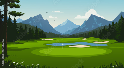 Serene golf course landscape illustration with majestic mountains and lush green fairways under a clear sky, perfect for a relaxing game