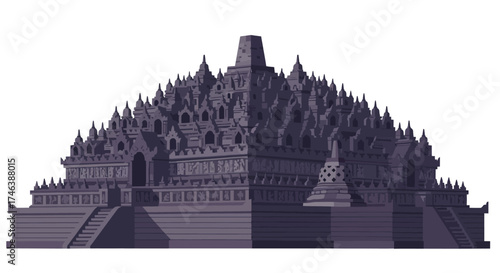 Borobudur Temple Illustration Multitiered Stone Structure with Stupas.