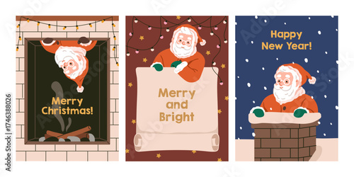 Christmas card design with cute happy Santa Claus peeking out from behind chimney, fireplace. Xmas and New Year character, festive winter holiday postcards, posters set. Flat vector illustrations