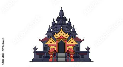 Detailed Illustration of a Traditional Asian Temple with Intricate Architectural Design.