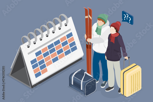 Man and woman with suitcases and skis are planning a winter vacation. Busy people, planning calendar. 3D flat isometric illustration.