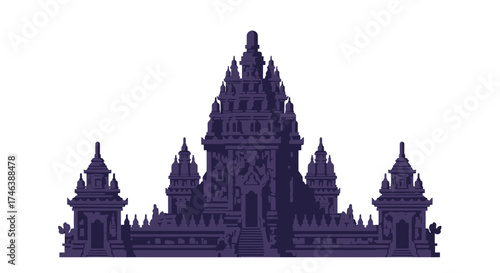 Intricate Purple Silhouette of Prambanan Temple Complex Indonesia.