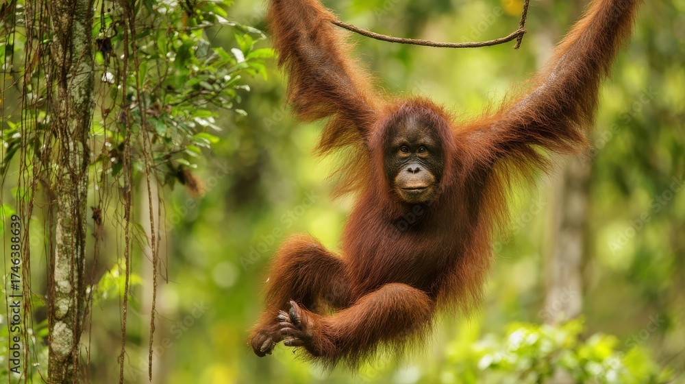 Fototapeta premium Orangutan hanging from tree in rainforest, endangered species conservation and wildlife protection theme.