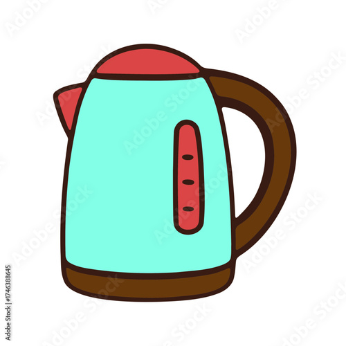A simple cartoon illustration of a teal electric kettle with a red lid and water level indicator