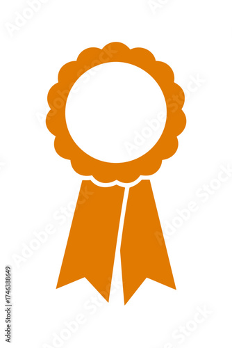 A simple orange ribbon award with a scalloped edge and two dangling ribbons against a black background
