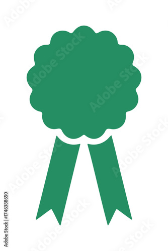 A simple flat design green ribbon award with a scalloped top and two hanging tails on a black background