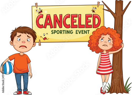 Children sad at canceled sporting event, cartoon boy and girl disappointed, emotions illustration, childhood feelings, teamwork, friendship, outdoor play, activity
