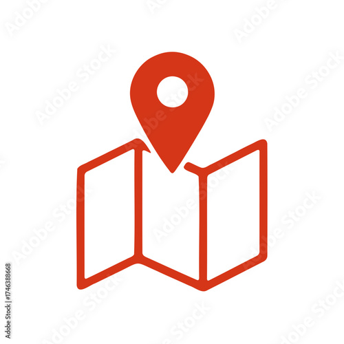 Red map pin icon placed on an open folded map against a black background representing navigation and location services