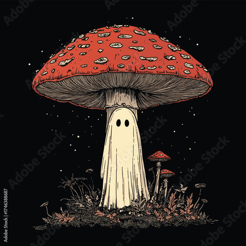 A whimsical digital illustration on a stark black background showcasing a translucent white ghost standing reverently beneath a towering red Amanita muscaria mushroom