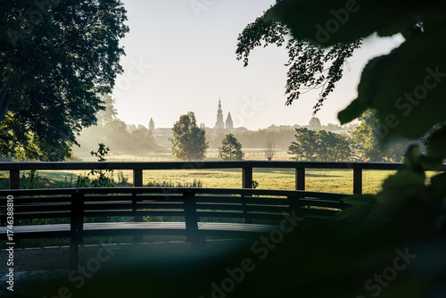 Caspar David Friedrich view near Greifswald showing the cityscape and the meadows in front of it with new resting area