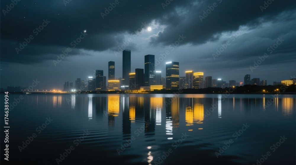 Naklejka premium a stunning city skyline at night with a full moon in the sky, illuminated by the lights of the buildings and reflecting off the water below The sky is filled with