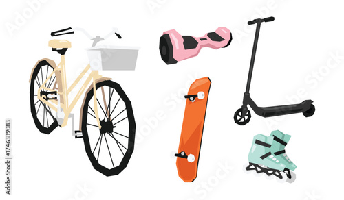 Vector set eco-friendly vehicles. Bicycle, skateboard, scooter, roller blades, and hoverboard. Flat geometric illustration.