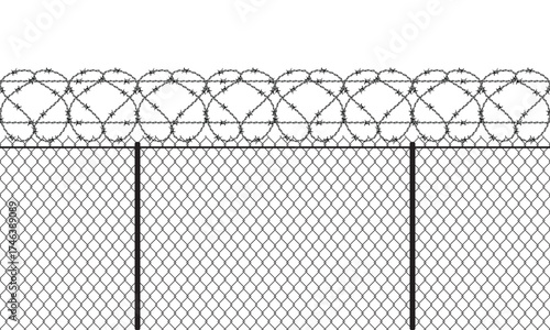 Seamless fence made of chain link mesh and barbed wire.  Rabitz grid and razor wire. 