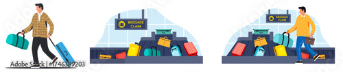 Man pulling luggage at airport and man collecting bag from baggage claim area. Travel and air travel concept illustration.