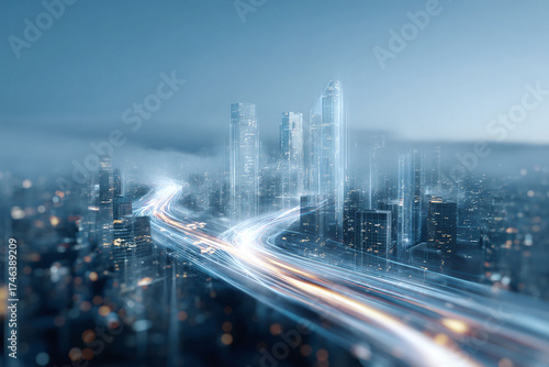 Futuristic cityscape with glowing light trails. A powerful visual metaphor for progress, technology, and innovation. Ideal for business, finance, or tech themes.