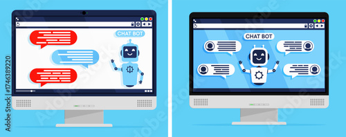 Two desktop computer monitors showcasing chat bot conversation interfaces. Artificial intelligence assistant communication concept on screen.