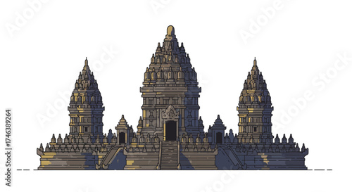 Prambanan Temple Illustration Ornate Stone Structure with Intricate Details and Steps.