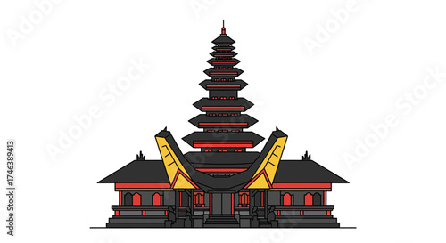 Stylized Indonesian Temple Illustration with Tiered Roof and Unique Architectural Design.