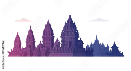 Stylized Silhouette of Prambanan Temple Complex in Gradient Purple and Blue.