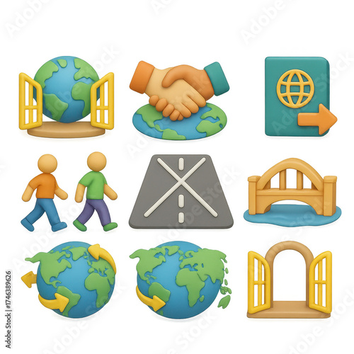 Open Borders Icons. Open borders set of icons in 3D color style: globe with open gate, handshake across map, road crossing symbol, passport with arrow