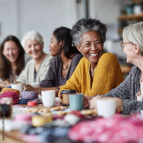 A diverse group of women smiling and chatting around a table with coffee and crafts. Warm, inviting, and authentic. Ideal for themes of community, friendship, and aging well.