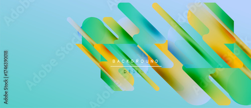 Abstract geometric shapes overlap, creating vibrant layered effect. Turquoise background complements bright yellow, green hues. Modern design element.
