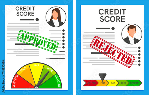 Approved and rejected credit score concept with woman and man avatars. Financial documents for loan application and risk assessment.