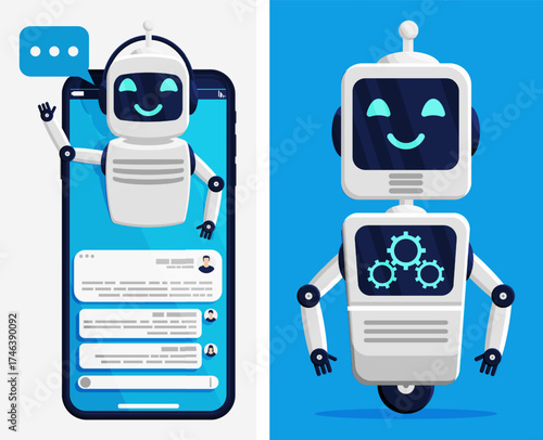 Chatbot on mobile phone screen and standalone robot illustration. AI assistant concept. Customer support service.