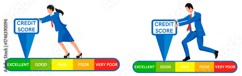 Man and woman pushing credit score pointer from poor to excellent. Credit rating improvement concept. Financial indicator for business loan.