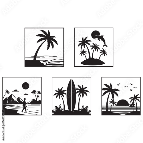 Silhouettes of palm trees and surfers in black and white