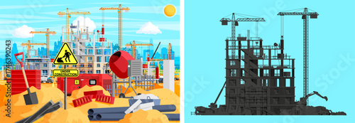 Under construction site with crane and building. Real estate development concept with workers and materials. Industrial scene.