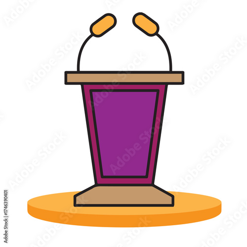 Yellow and Purple Podium with Microphones – Conference and Leadership Speech Vector