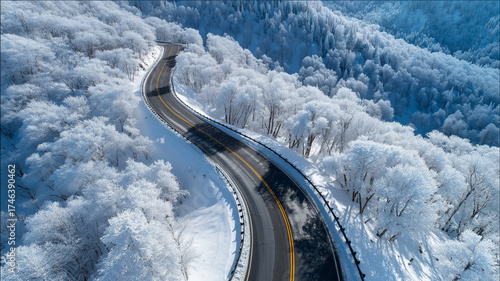 霧氷に覆われた冬の森林と山道の俯瞰