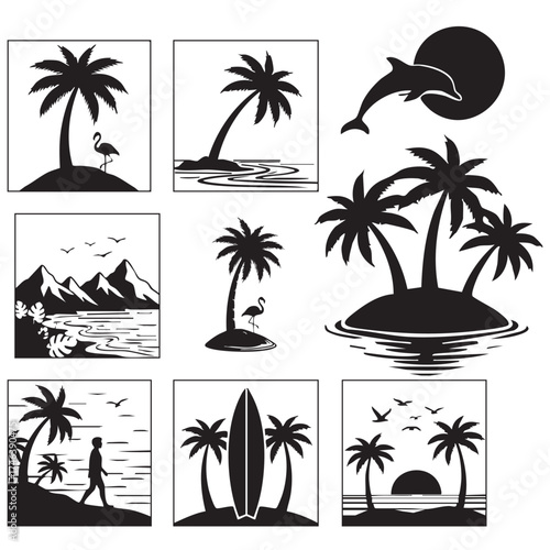 Silhouettes of palm trees and surfers in black and white