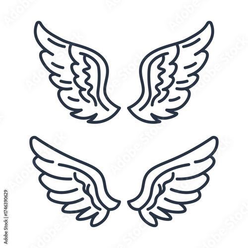 minimal angel wings vector, simple feather wings line icon, clean outline bird wings, vector symbol of freedom, flying wings graphic set
