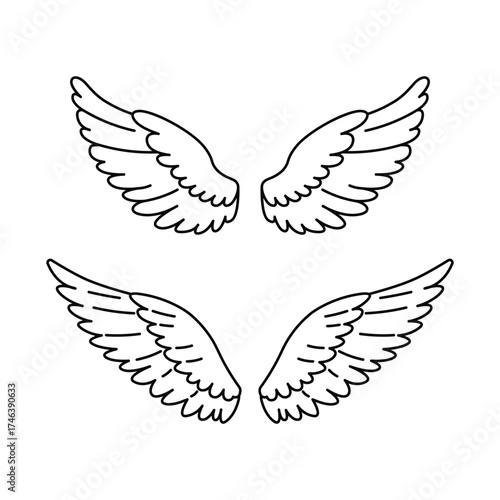minimal angel wings vector, simple feather wings line icon, clean outline bird wings, vector symbol of freedom, flying wings graphic set