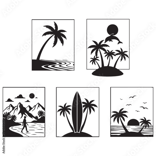 Silhouettes of palm trees and surfers in black and white
