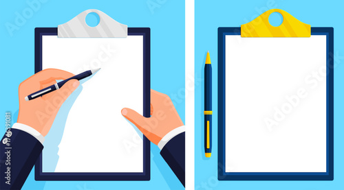 Man hand holding clipboard with blank paper and pen. Document for signing or writing. Business contract or survey completion concept.