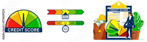 Credit score meter with excellent rating, arrow and detailed report with woman. Financial health and risk assessment concept.