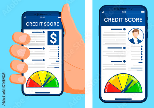 Man hand holding smartphone showing credit score meter. Customer finance data with excellent rating. Online banking, loan application concept.