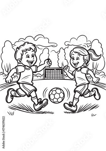 Cartoon children playing soccer in park with ball and goal in black and white line art